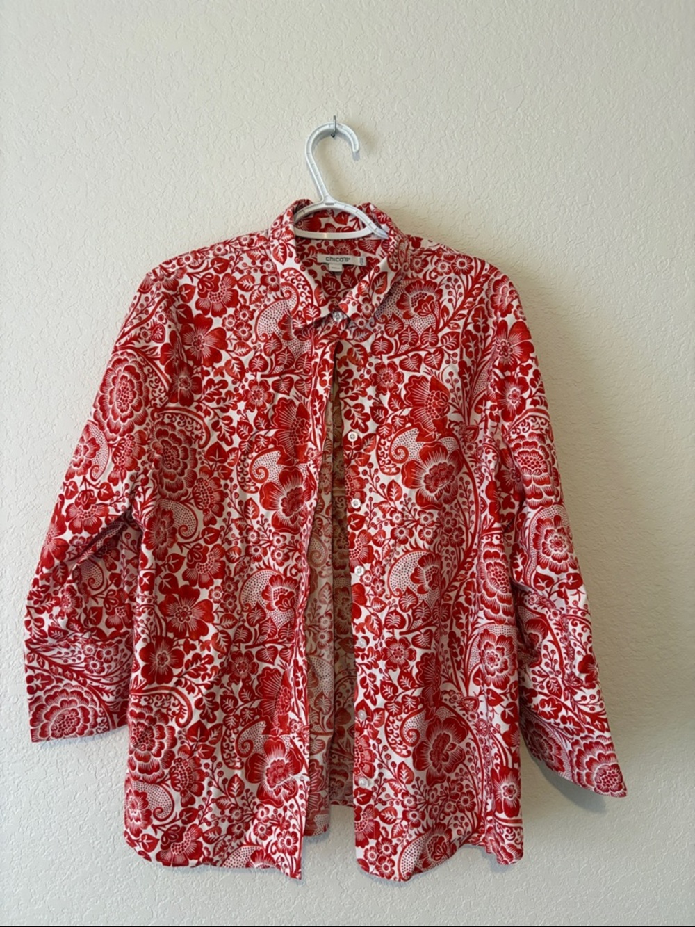 Chico's Red and White Floral Button-Down Shirt
